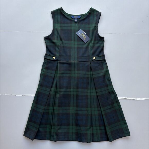 Polo Ralph Lauren Blackwatch Dress Ponte Plaid Green Navy Girls Large 12-14